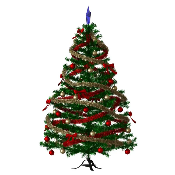 Julgran med en blå stjärna på toppen, isolera på en vit bakgrund. 3D-återgivning av utmärkt kvalitet i hög upplösning — Stockfoto