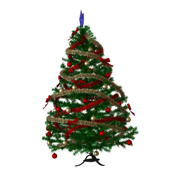 Tepesinde mavi bir yıldız olan Noel ağacı, beyaz arka planda izole edilmiş. Yüksek çözünürlükte mükemmel kalitede 3D görüntüleme
