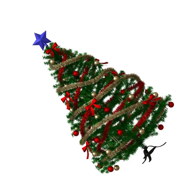 Árbol de Navidad con una estrella azul en la parte superior, aislado sobre un fondo blanco. Representación 3D de excelente calidad en alta resolución —  Fotos de Stock