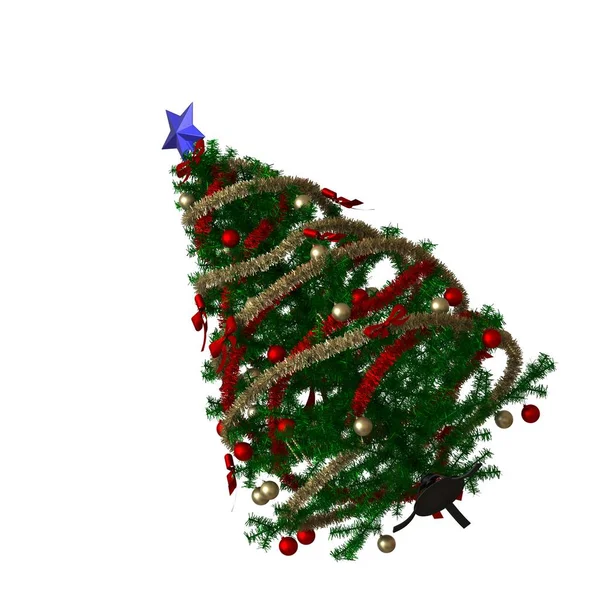 Albero di Natale con una stella blu sulla parte superiore, isolare su uno sfondo bianco. Rendering 3D di ottima qualità in alta risoluzione — Foto Stock