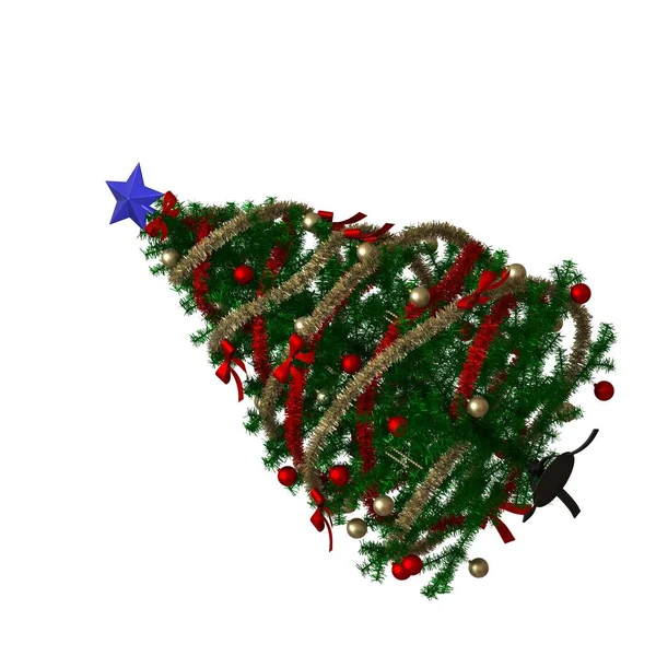 Tepesinde mavi bir yıldız olan Noel ağacı, beyaz arka planda izole edilmiş. Yüksek çözünürlükte mükemmel kalitede 3D görüntüleme