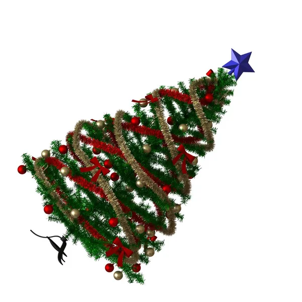 Albero di Natale con una stella blu sulla parte superiore, isolare su uno sfondo bianco. Rendering 3D di ottima qualità in alta risoluzione — Foto Stock