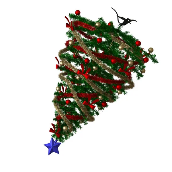 Árbol de Navidad con una estrella azul en la parte superior, aislado sobre un fondo blanco. Representación 3D de excelente calidad en alta resolución —  Fotos de Stock