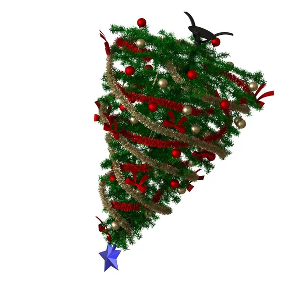 Juletre med en blå stjerne på toppen isoleres på hvit bakgrunn. 3D-gjengivelse av fremragende kvalitet i høy oppløsning – stockfoto