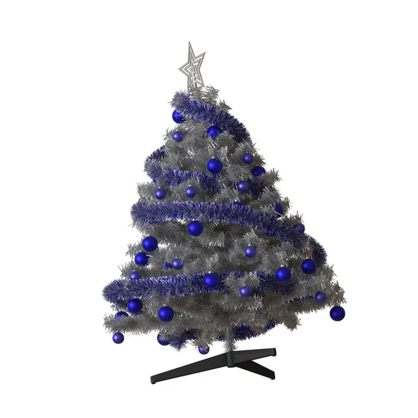 Tepesinde gümüş yıldız olan Noel ağacı, beyaz arka planda izole edilmiş. Yüksek çözünürlükte mükemmel kalitede 3D görüntüleme — Stok fotoğraf