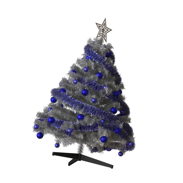 Árbol de Navidad con una estrella de plata en la parte superior, aislado sobre un fondo blanco. Representación 3D de excelente calidad en alta resolución —  Fotos de Stock