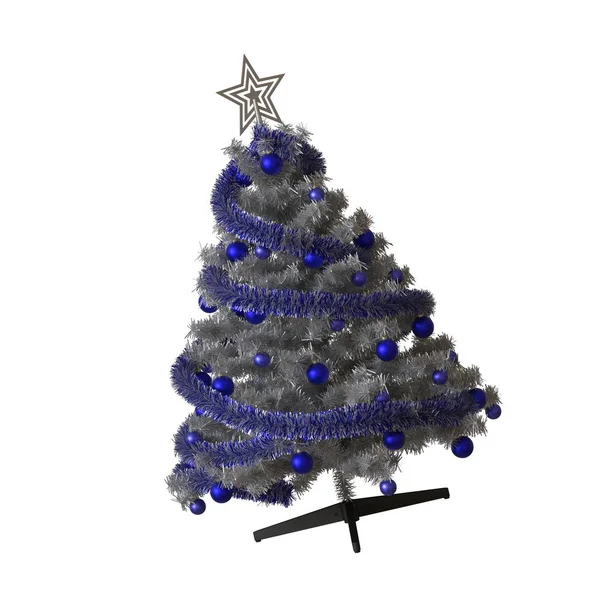 Árbol de Navidad con una estrella de plata en la parte superior, aislado sobre un fondo blanco. Representación 3D de excelente calidad en alta resolución —  Fotos de Stock