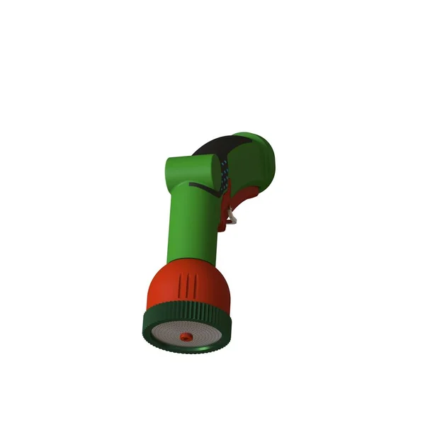 Nozzle on a hose for watering. Hose nozzle spraying water isolated on white background. 3D rendering of excellent quality in high resolution. It can be enlarged and used as a background or texture.