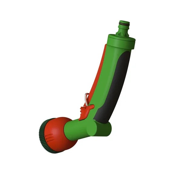 Bocal em uma mangueira de rega. Mangueira bocal de pulverização de água isolada sobre fundo branco. Renderização 3D de excelente qualidade em alta resolução. Pode ser ampliado e usado como fundo ou textura . — Fotografia de Stock