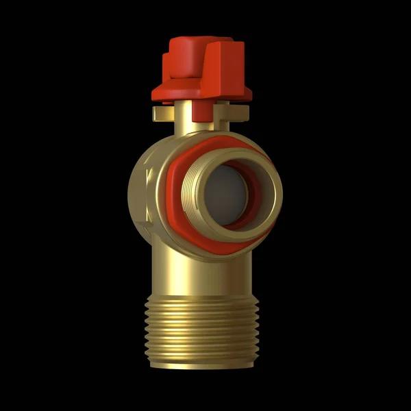 Water tap ball valve with red valve on a black background, isolate. 3D rendering of excellent quality in high resolution. It can be enlarged and used as a background or texture.