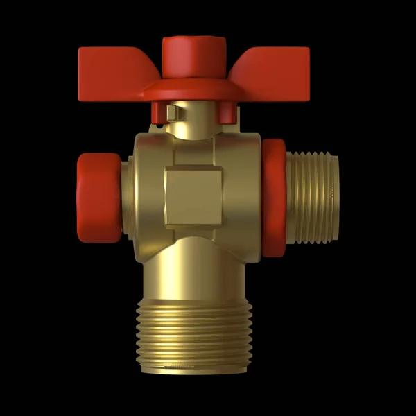 Waterkraan kogelklep met rode klep op een zwarte achtergrond, isoleren. 3d weergave van uitstekende kwaliteit in hoge resolutie. Het kan worden vergroot en gebruikt als achtergrond of textuur. — Stockfoto