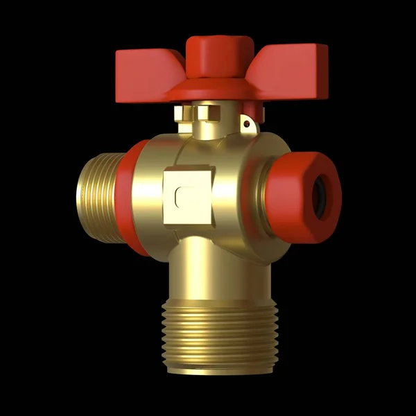 Water tap ball valve with red valve on a black background, isolate. 3D rendering of excellent quality in high resolution. It can be enlarged and used as a background or texture.