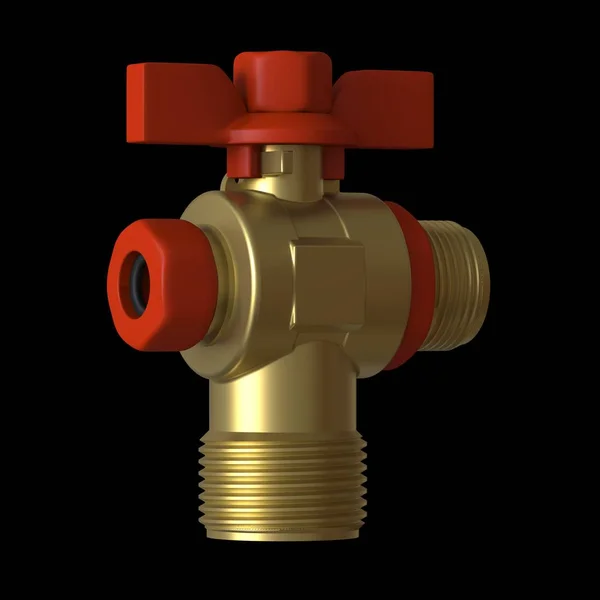 Water tap ball valve with red valve on a black background, isolate. 3D rendering of excellent quality in high resolution. It can be enlarged and used as a background or texture.