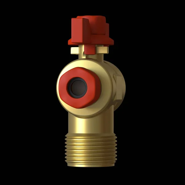 Water tap ball valve with red valve on a black background, isolate. 3D rendering of excellent quality in high resolution. It can be enlarged and used as a background or texture.