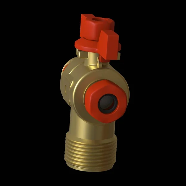 Water tap ball valve with red valve on a black background, isolate. 3D rendering of excellent quality in high resolution. It can be enlarged and used as a background or texture.