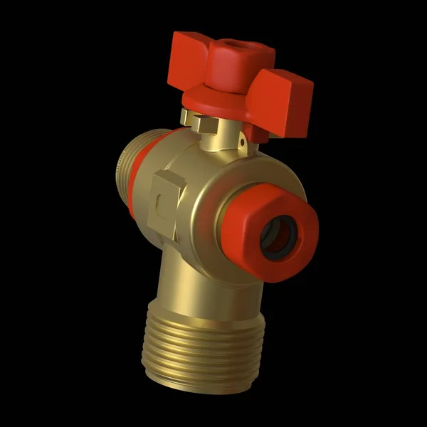 Water tap ball valve with red valve on a black background, isolate. 3D rendering of excellent quality in high resolution. It can be enlarged and used as a background or texture.