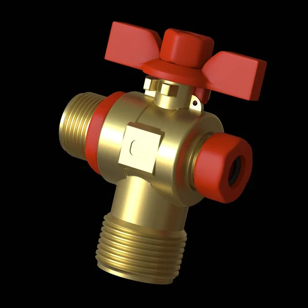 Water tap ball valve with red valve on a black background, isolate. 3D rendering of excellent quality in high resolution. It can be enlarged and used as a background or texture.