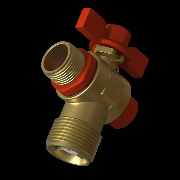 Water tap ball valve with red valve on a black background, isolate. 3D rendering of excellent quality in high resolution. It can be enlarged and used as a background or texture. — Stock Photo, Image