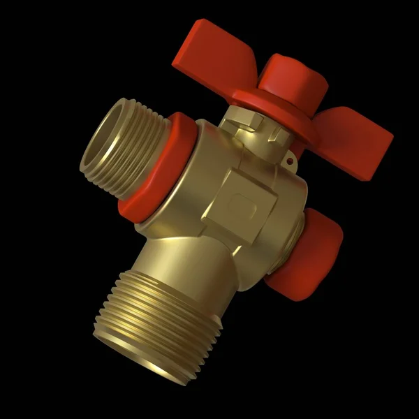 Water tap ball valve with red valve on a black background, isolate. 3D rendering of excellent quality in high resolution. It can be enlarged and used as a background or texture.
