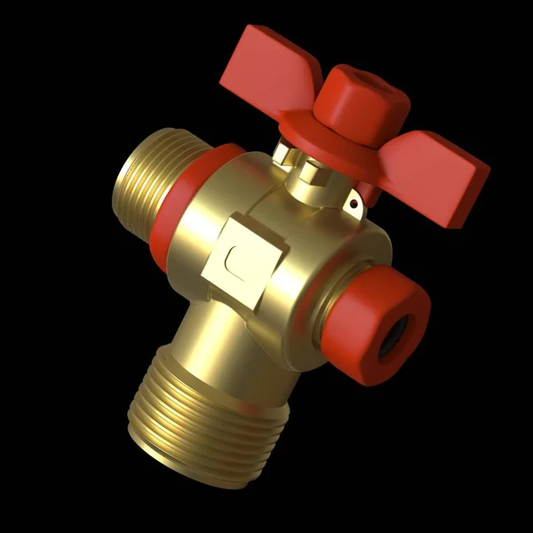 Water tap ball valve with red valve on a black background, isolate. 3D rendering of excellent quality in high resolution. It can be enlarged and used as a background or texture.