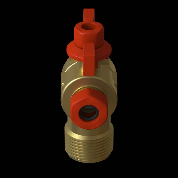 Water tap ball valve with red valve on a black background, isolate. 3D rendering of excellent quality in high resolution. It can be enlarged and used as a background or texture.