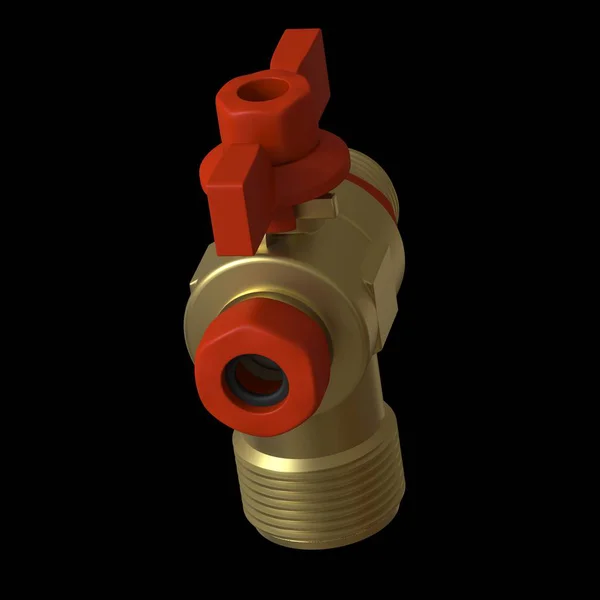 Кульковий клапан з водяним краном з червоним клапаном на чорному тлі, ізольований. 3D візуалізація відмінної якості у високій роздільній здатності. Він може бути збільшений і використаний як фон або текстура . — стокове фото