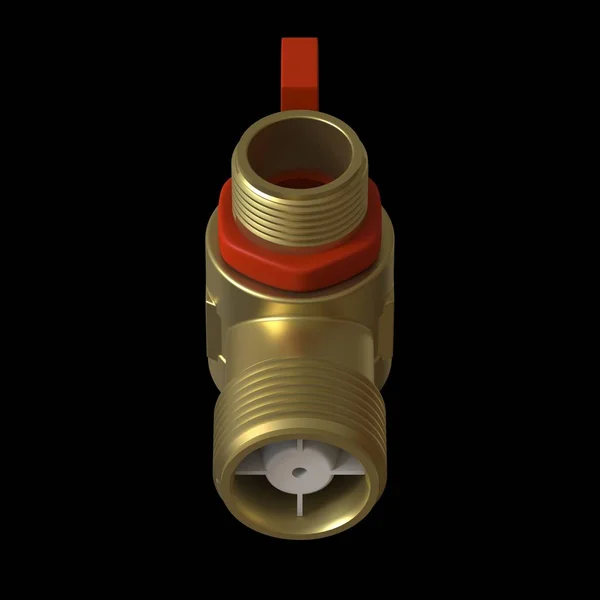 Vattenkran kulventil med röd ventil på en svart bakgrund, isolera. 3D-återgivning av utmärkt kvalitet i hög upplösning. Den kan förstoras och användas som bakgrund eller textur. — Stockfoto