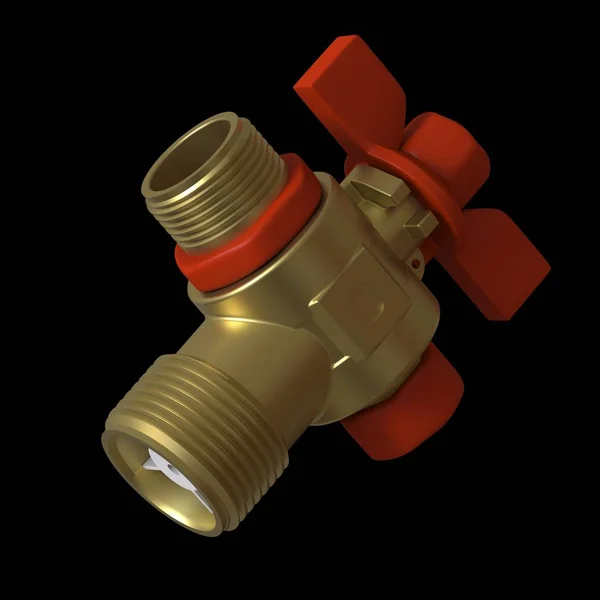 Water tap ball valve with red valve on a black background, isolate. 3D rendering of excellent quality in high resolution. It can be enlarged and used as a background or texture. — Stock Photo, Image