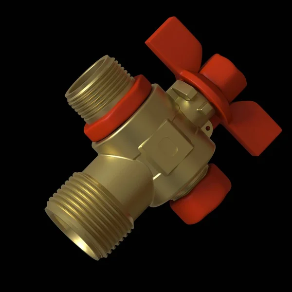 Water tap ball valve with red valve on a black background, isolate. 3D rendering of excellent quality in high resolution. It can be enlarged and used as a background or texture.