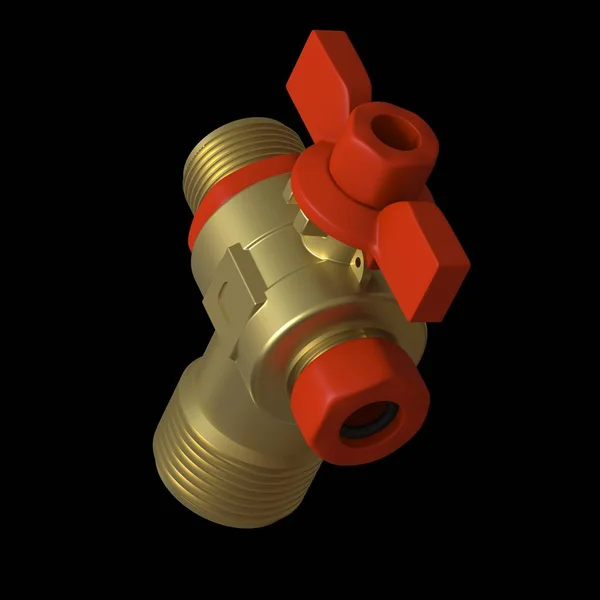 Water tap ball valve with red valve on a black background, isolate. 3D rendering of excellent quality in high resolution. It can be enlarged and used as a background or texture.