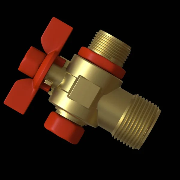 Water tap ball valve with red valve on a black background, isolate. 3D rendering of excellent quality in high resolution. It can be enlarged and used as a background or texture.