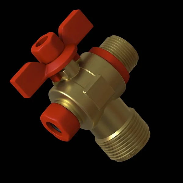 Water tap ball valve with red valve on a black background, isolate. 3D rendering of excellent quality in high resolution. It can be enlarged and used as a background or texture.