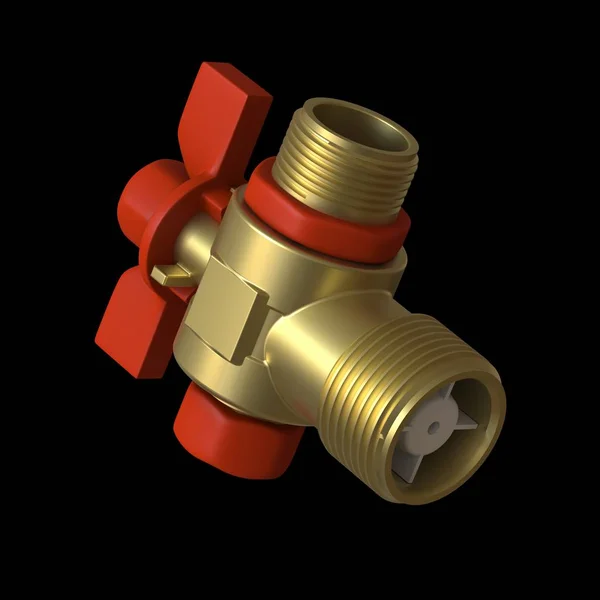 Water tap ball valve with red valve on a black background, isolate. 3D rendering of excellent quality in high resolution. It can be enlarged and used as a background or texture.