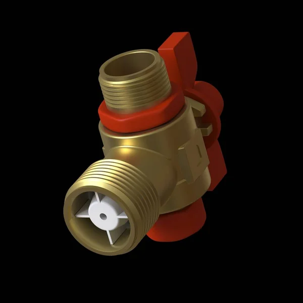 Water tap ball valve with red valve on a black background, isolate. 3D rendering of excellent quality in high resolution. It can be enlarged and used as a background or texture. — Stock Photo, Image