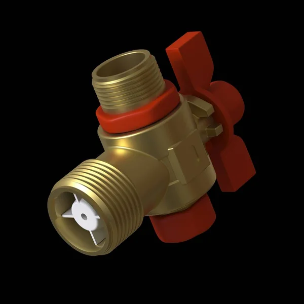 Water tap ball valve with red valve on a black background, isolate. 3D rendering of excellent quality in high resolution. It can be enlarged and used as a background or texture. — Stock Photo, Image