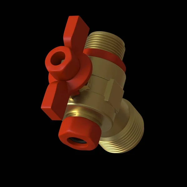 Water tap ball valve with red valve on a black background, isolate. 3D rendering of excellent quality in high resolution. It can be enlarged and used as a background or texture. — Stock Photo, Image