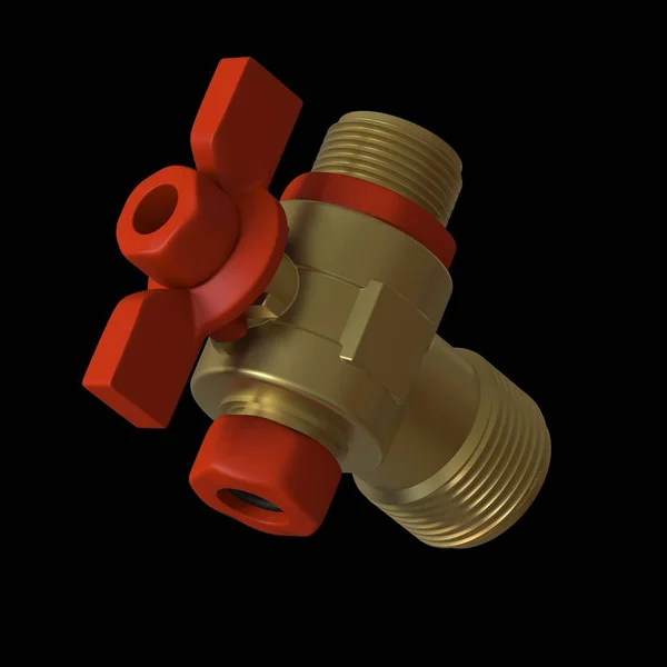 Water tap ball valve with red valve on a black background, isolate. 3D rendering of excellent quality in high resolution. It can be enlarged and used as a background or texture.