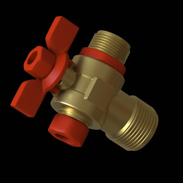 Water tap ball valve with red valve on a black background, isolate. 3D rendering of excellent quality in high resolution. It can be enlarged and used as a background or texture. — Stock Photo, Image