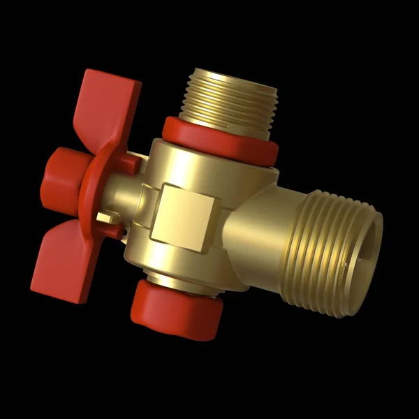 Waterkraan kogelklep met rode klep op een zwarte achtergrond, isoleren. 3d weergave van uitstekende kwaliteit in hoge resolutie. Het kan worden vergroot en gebruikt als achtergrond of textuur. — Stockfoto