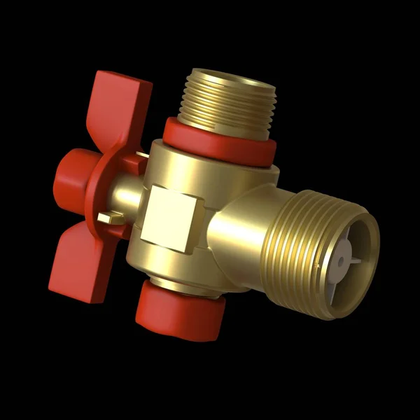 Vattenkran kulventil med röd ventil på en svart bakgrund, isolera. 3D-återgivning av utmärkt kvalitet i hög upplösning. Den kan förstoras och användas som bakgrund eller textur. — Stockfoto