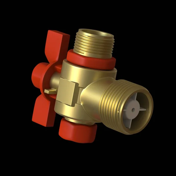 Vattenkran kulventil med röd ventil på en svart bakgrund, isolera. 3D-återgivning av utmärkt kvalitet i hög upplösning. Den kan förstoras och användas som bakgrund eller textur. — Stockfoto