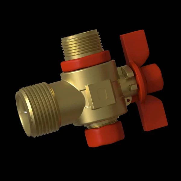 Water tap ball valve with red valve on a black background, isolate. 3D rendering of excellent quality in high resolution. It can be enlarged and used as a background or texture. — Stock Photo, Image