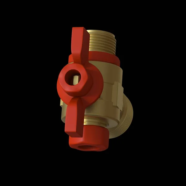 Water tap ball valve with red valve on a black background, isolate. 3D rendering of excellent quality in high resolution. It can be enlarged and used as a background or texture.