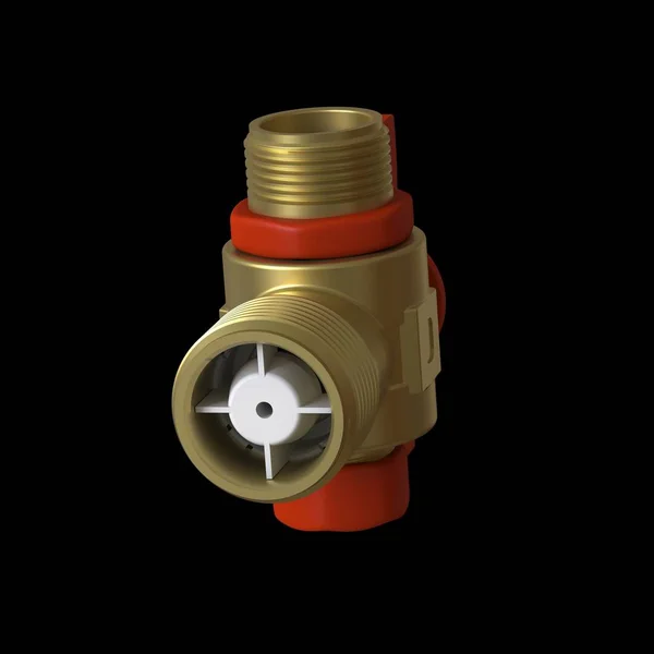 Water tap ball valve with red valve on a black background, isolate. 3D rendering of excellent quality in high resolution. It can be enlarged and used as a background or texture.