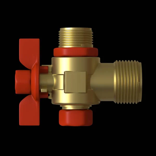 Water tap ball valve with red valve on a black background, isolate. 3D rendering of excellent quality in high resolution. It can be enlarged and used as a background or texture. — Stock Photo, Image