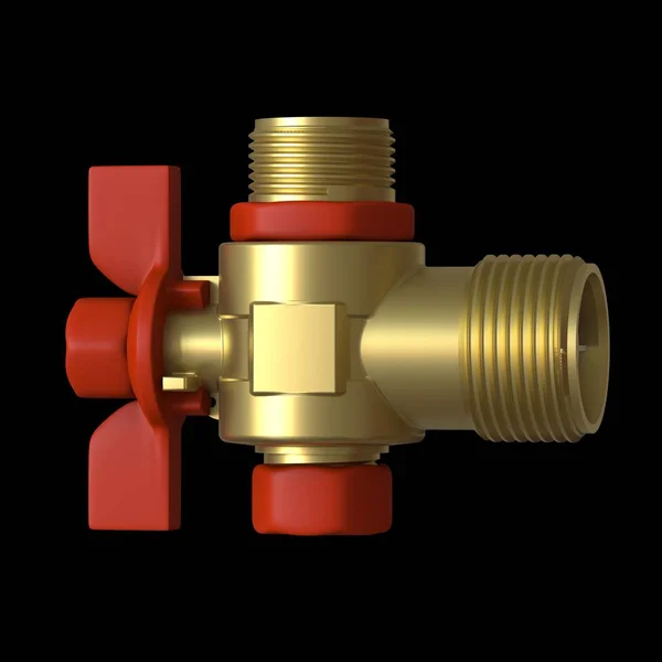 Water tap ball valve with red valve on a black background, isolate. 3D rendering of excellent quality in high resolution. It can be enlarged and used as a background or texture. — Stock Photo, Image