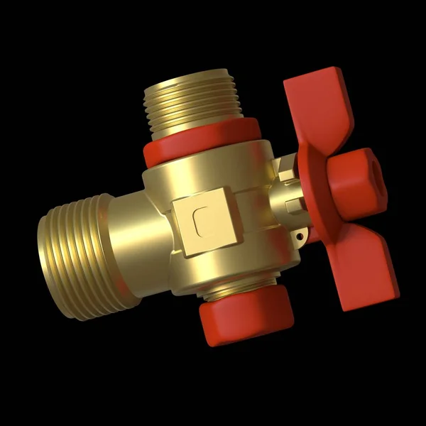 Vodní kohout kulový ventil s červeným ventilem na černém pozadí, izolovat. 3D provedení vynikající kvality ve vysokém rozlišení. Může být zvětšena a použita jako pozadí nebo textura. — Stock fotografie