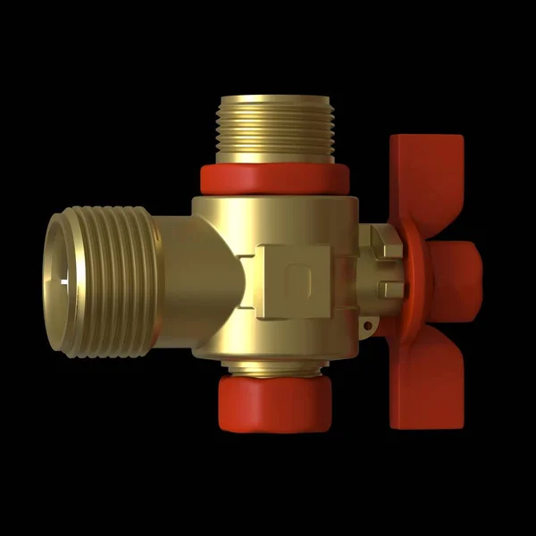 Water tap ball valve with red valve on a black background, isolate. 3D rendering of excellent quality in high resolution. It can be enlarged and used as a background or texture.