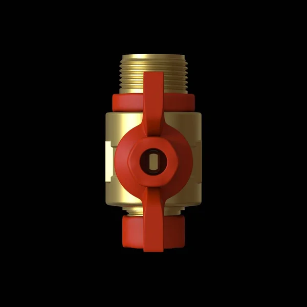 Water tap ball valve with red valve on a black background, isolate. 3D rendering of excellent quality in high resolution. It can be enlarged and used as a background or texture. — Stock Photo, Image