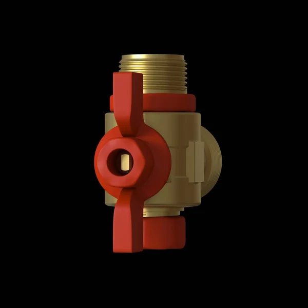 Water tap ball valve with red valve on a black background, isolate. 3D rendering of excellent quality in high resolution. It can be enlarged and used as a background or texture.